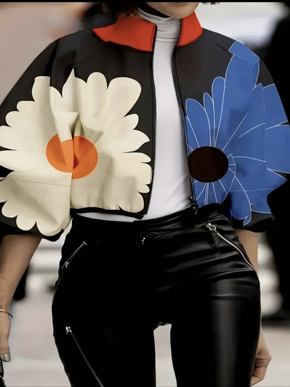Floral Colorblock Cropped Jacket - Black, Blue & Cream - Picture 1 of 7